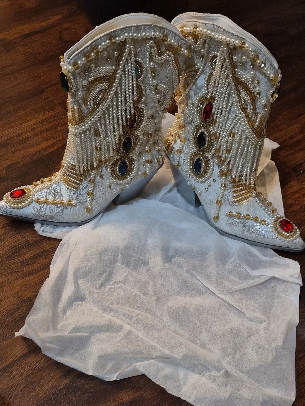 White Embellished Western Ankle Boots with Gold Beading